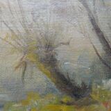 Tableau, huile sur toile en lin signée, "Ferme sur étang", XIXème s.
