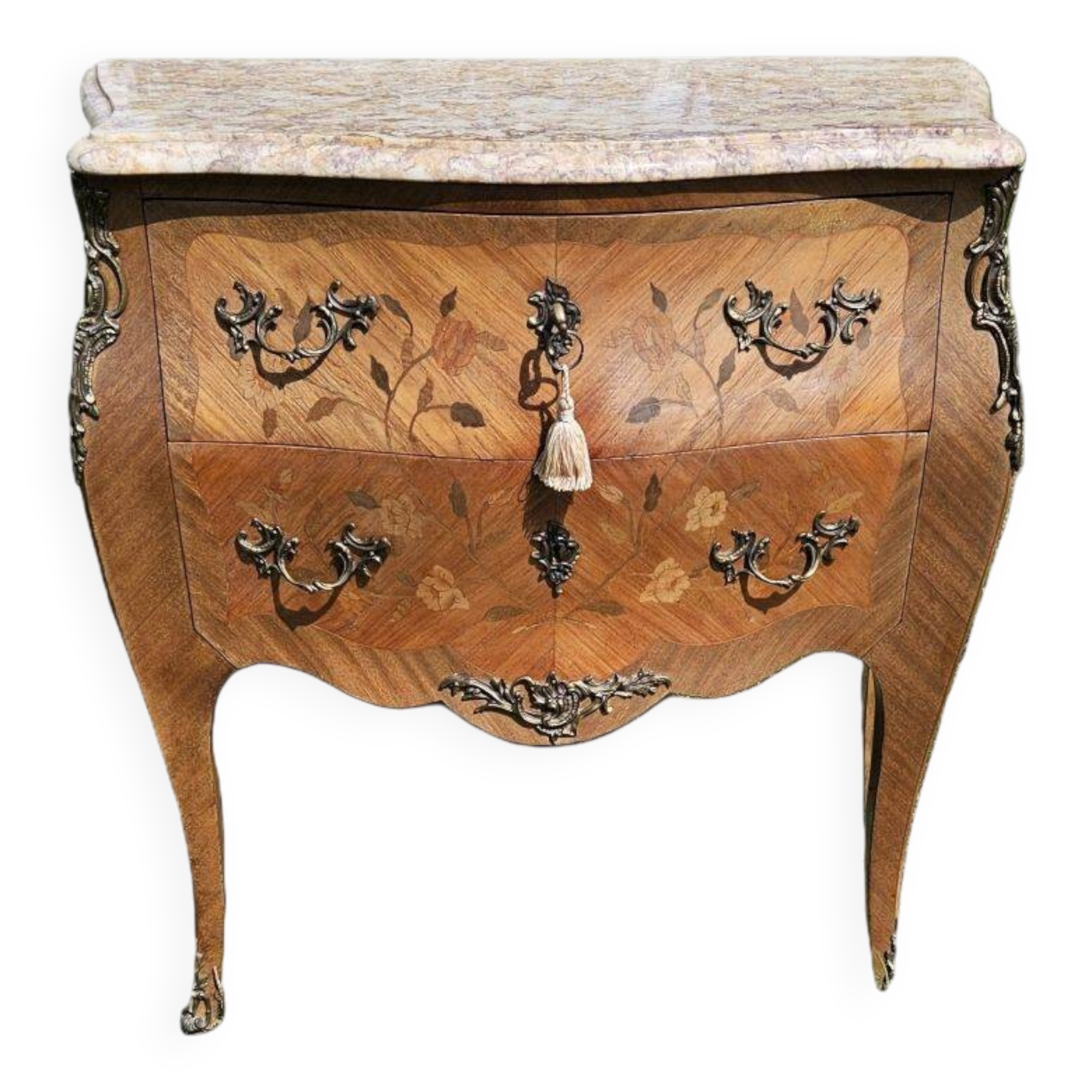 Small Louis XV Style Curved Commode in Marquetry