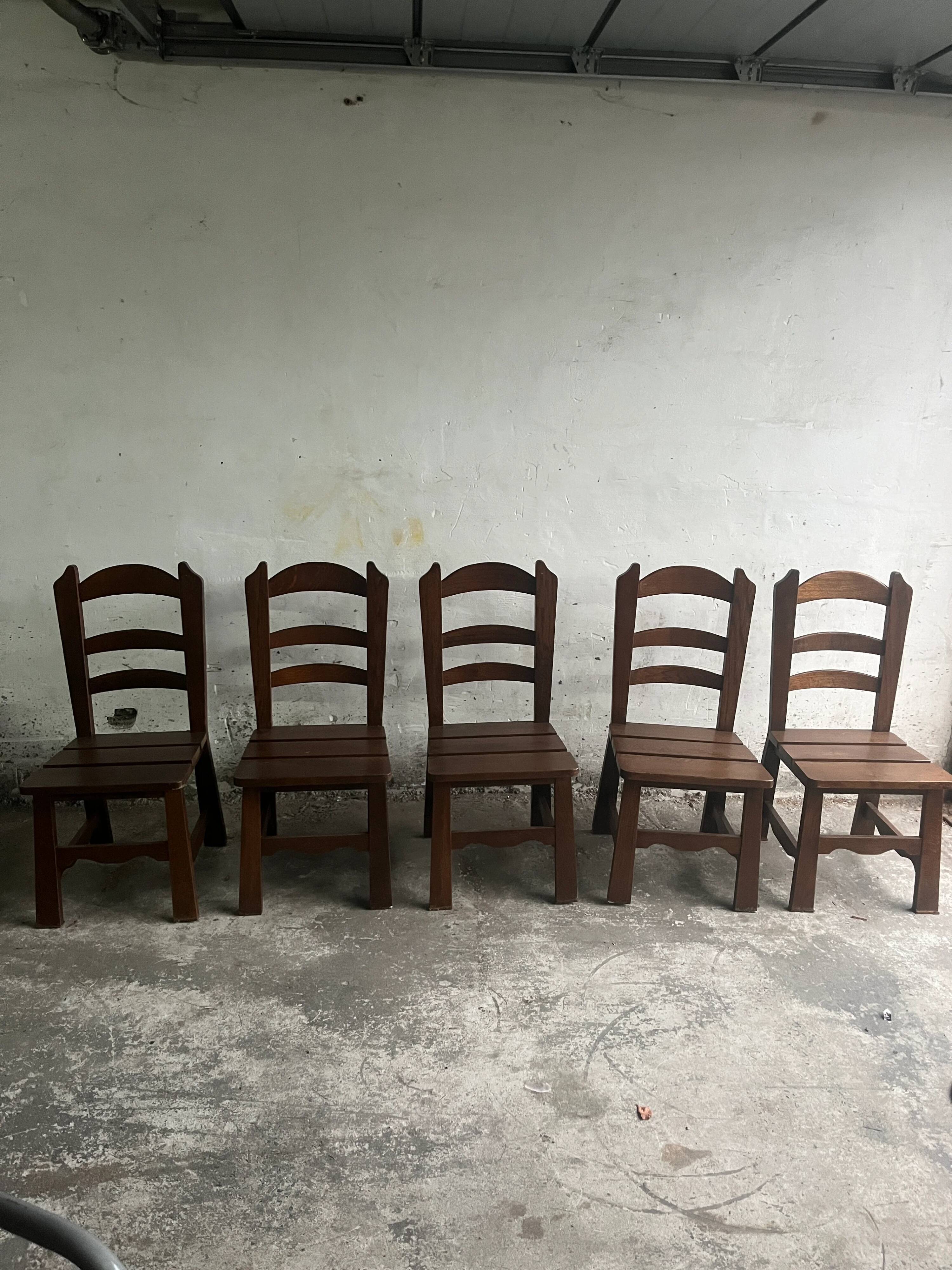 Brutalist wooden chairs – set of 10 (1970s)