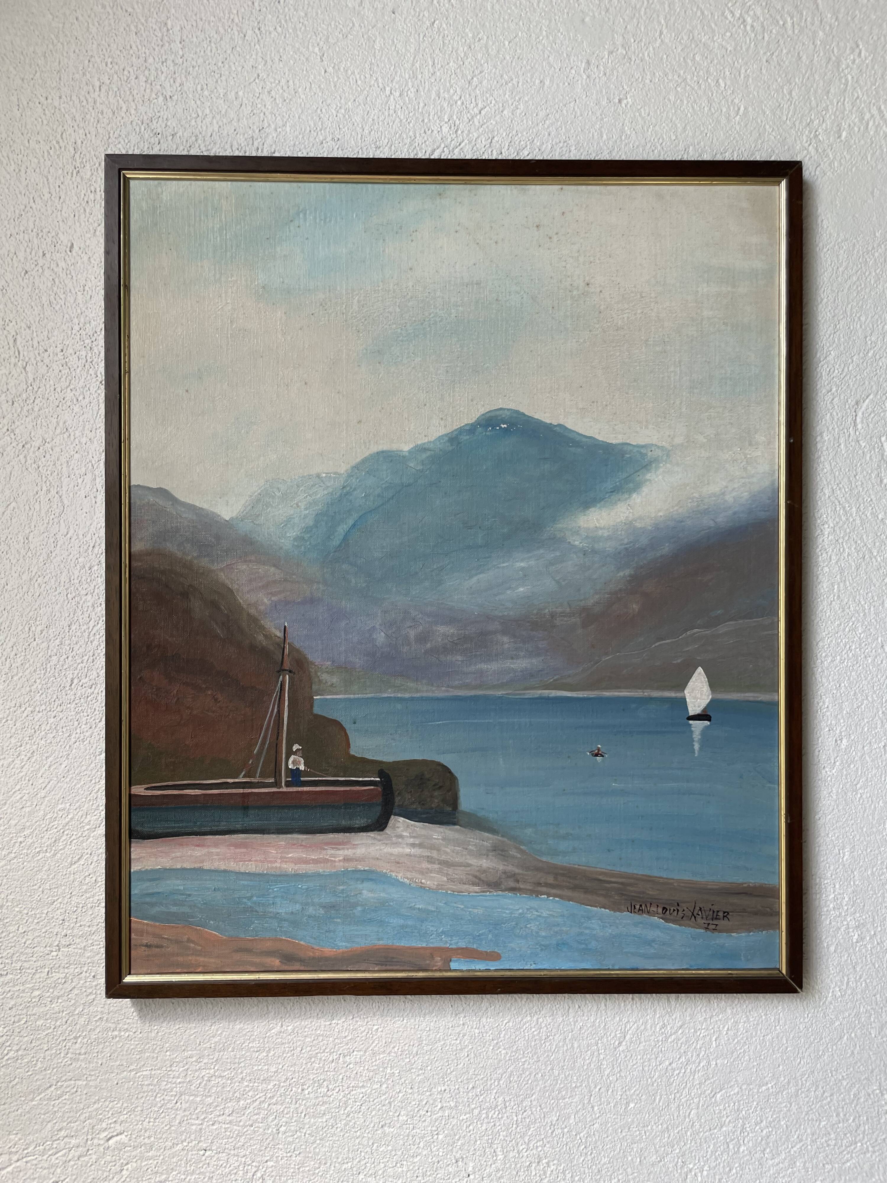 Oil painting on wood boats and lake 1977