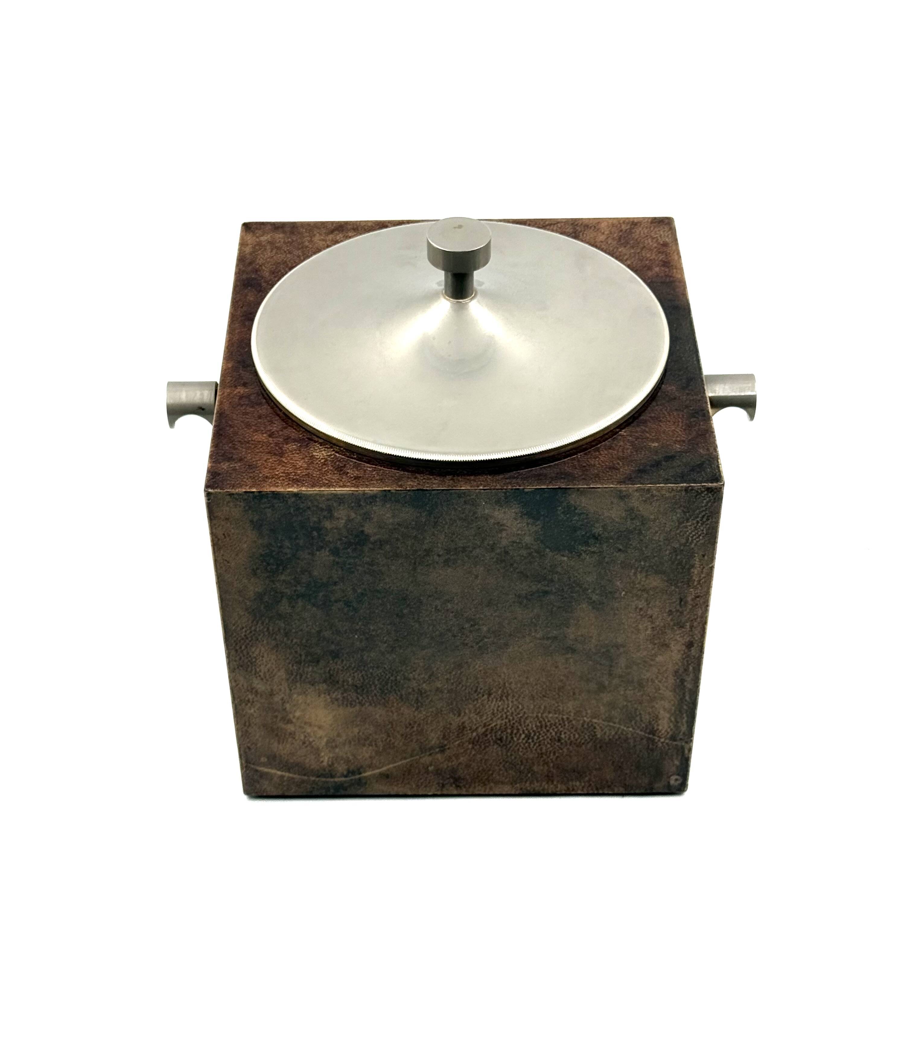 Mid-century brown parchment ice bucket, Aldo Tura Italy 1950s