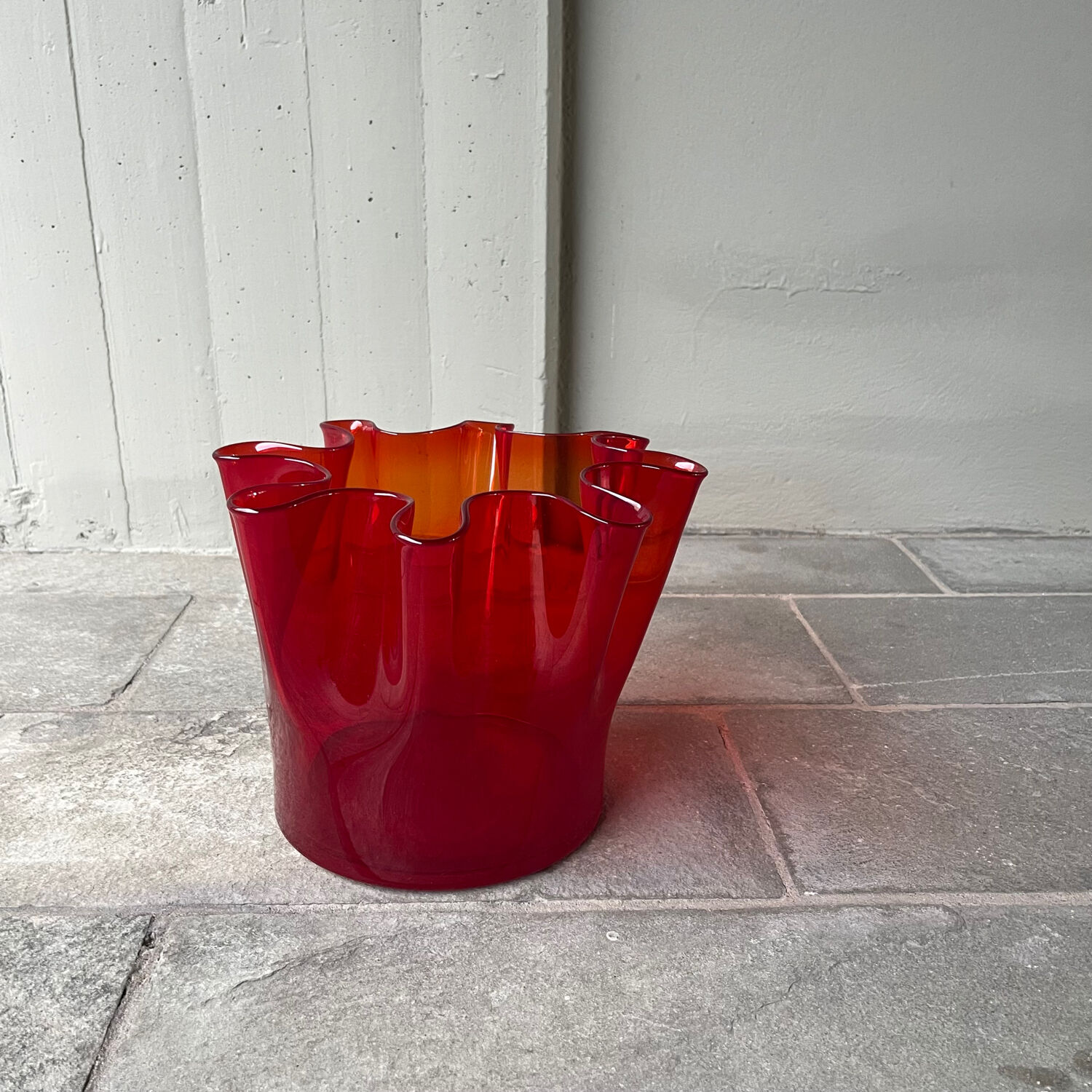 Vintage 70's translucent red handkerchief vase