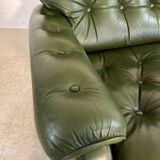 Vintage retro Danish 2 person olive green buttoned leather sofa 1970s