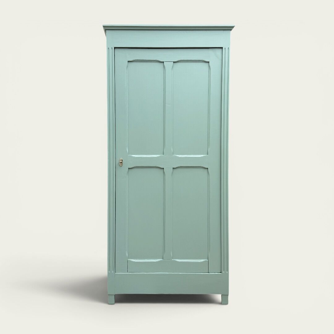 Antique Parisian wardrobe in grey-green solid pine.