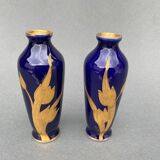 Pair of 1900 Limoges vases with blue background and gold highlights, R. Rosier decorations