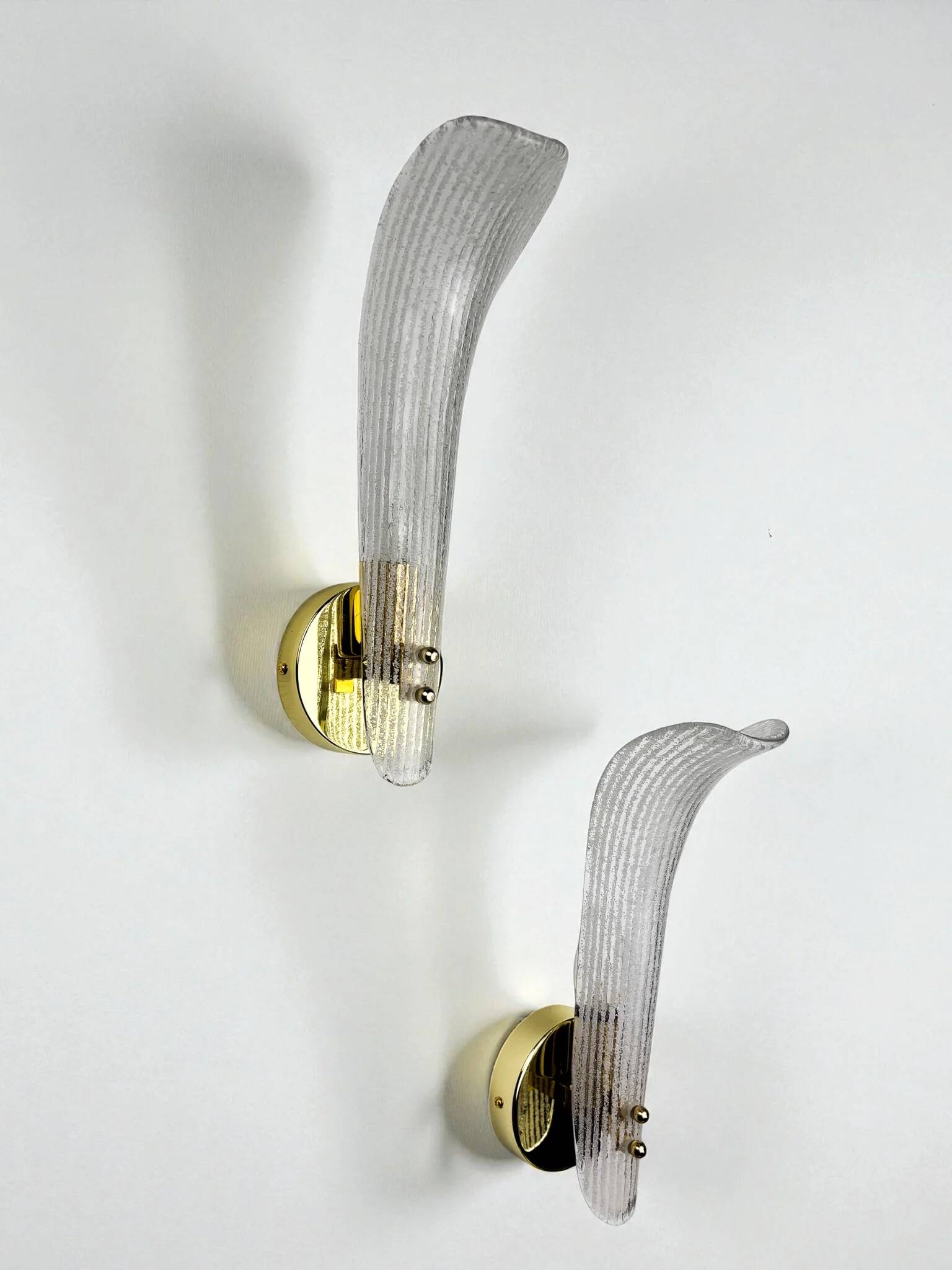 Pair of Murano frosted glass leaf sconces, gilt brass, Italy, 1970s