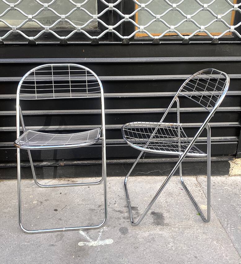 Pair of Niels Gammelgaard (?) "aland" mesh folding chairs, chrome, 1970