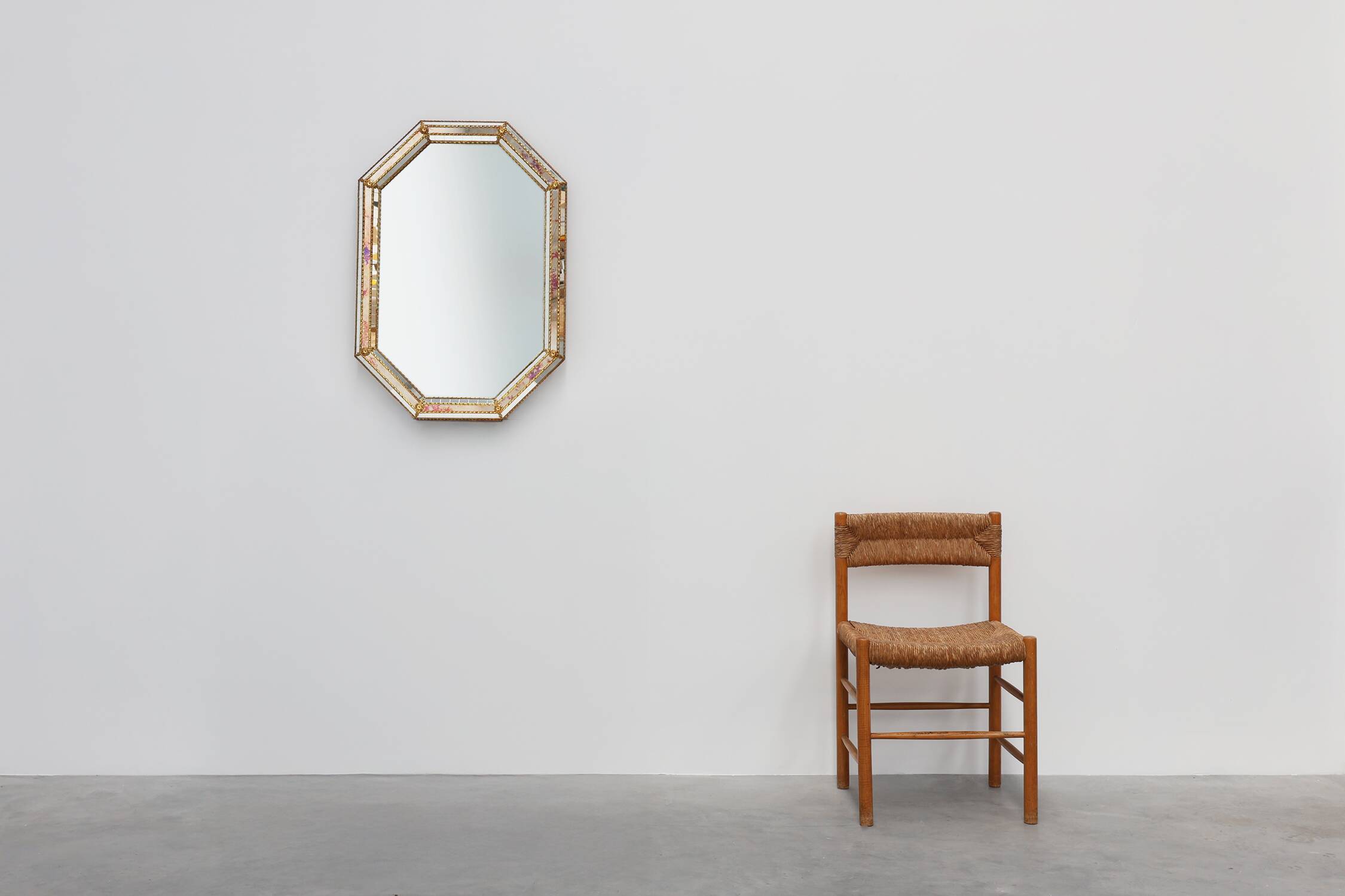 Venetian style octagonal mirror marked MGB, Planilux, Cristanola, Spain