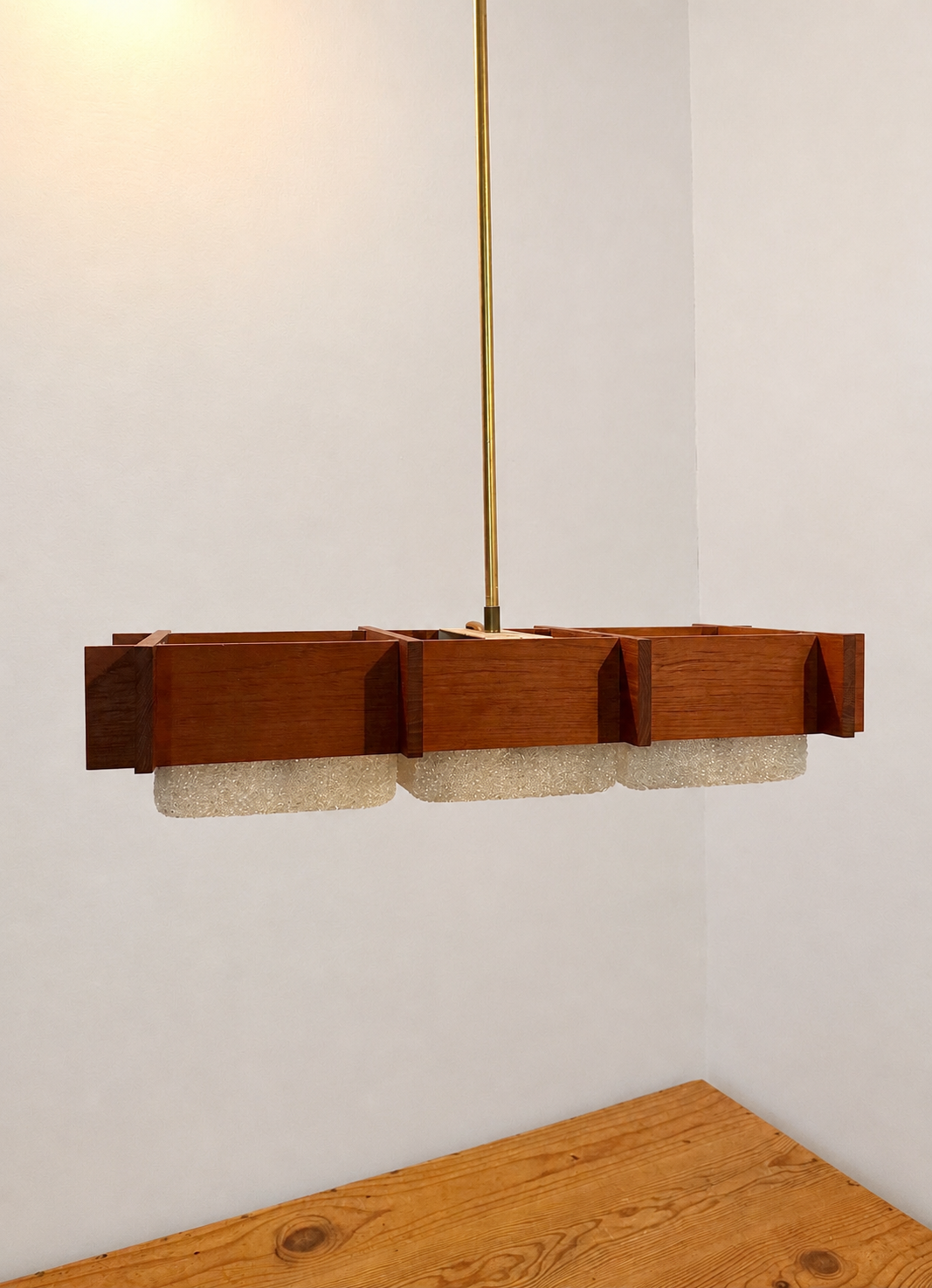 Scandinavian suspension design in teak and vintage perspex from the 1970s.