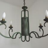 Green iron 4 light chandelier with scrolled arms
