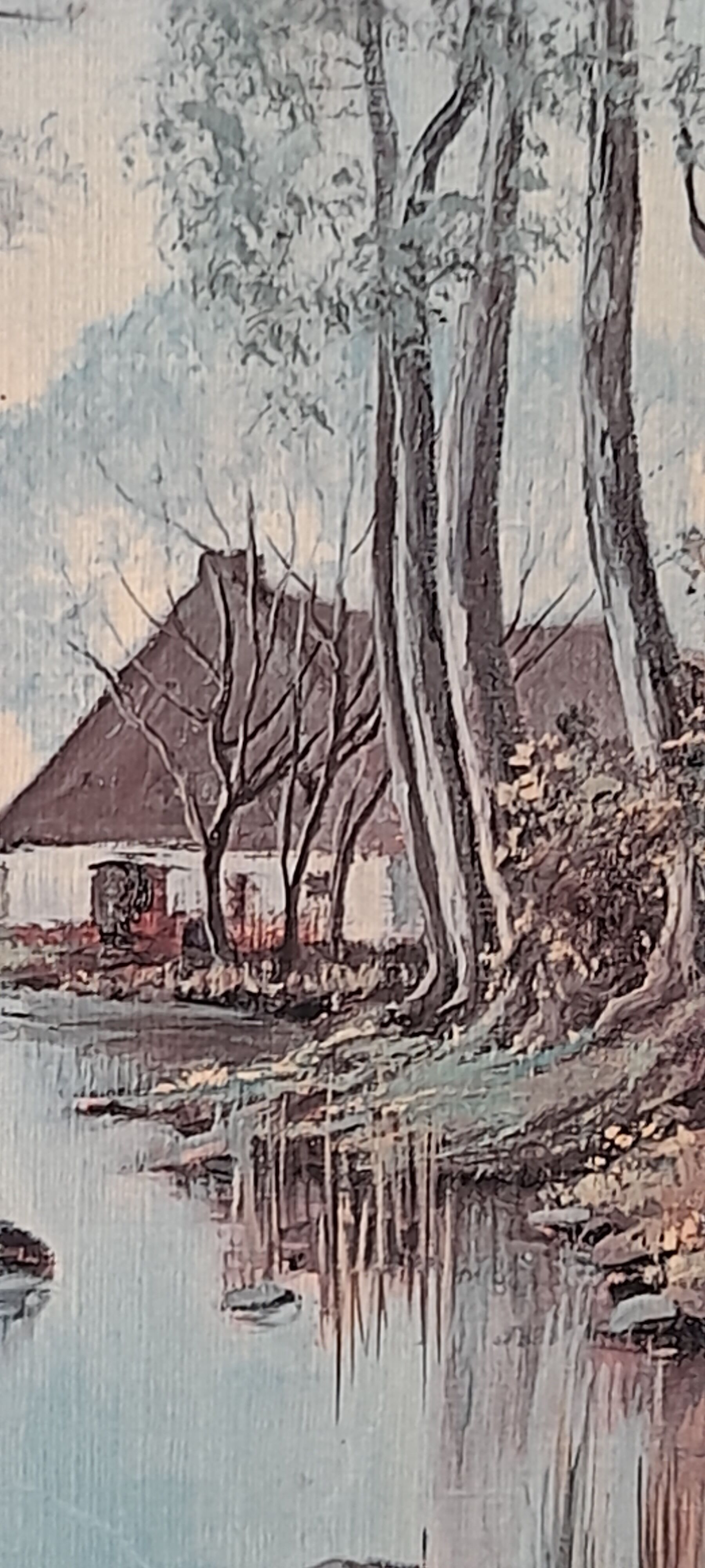 Painting landscape tree and river, golden frame, signature to identify