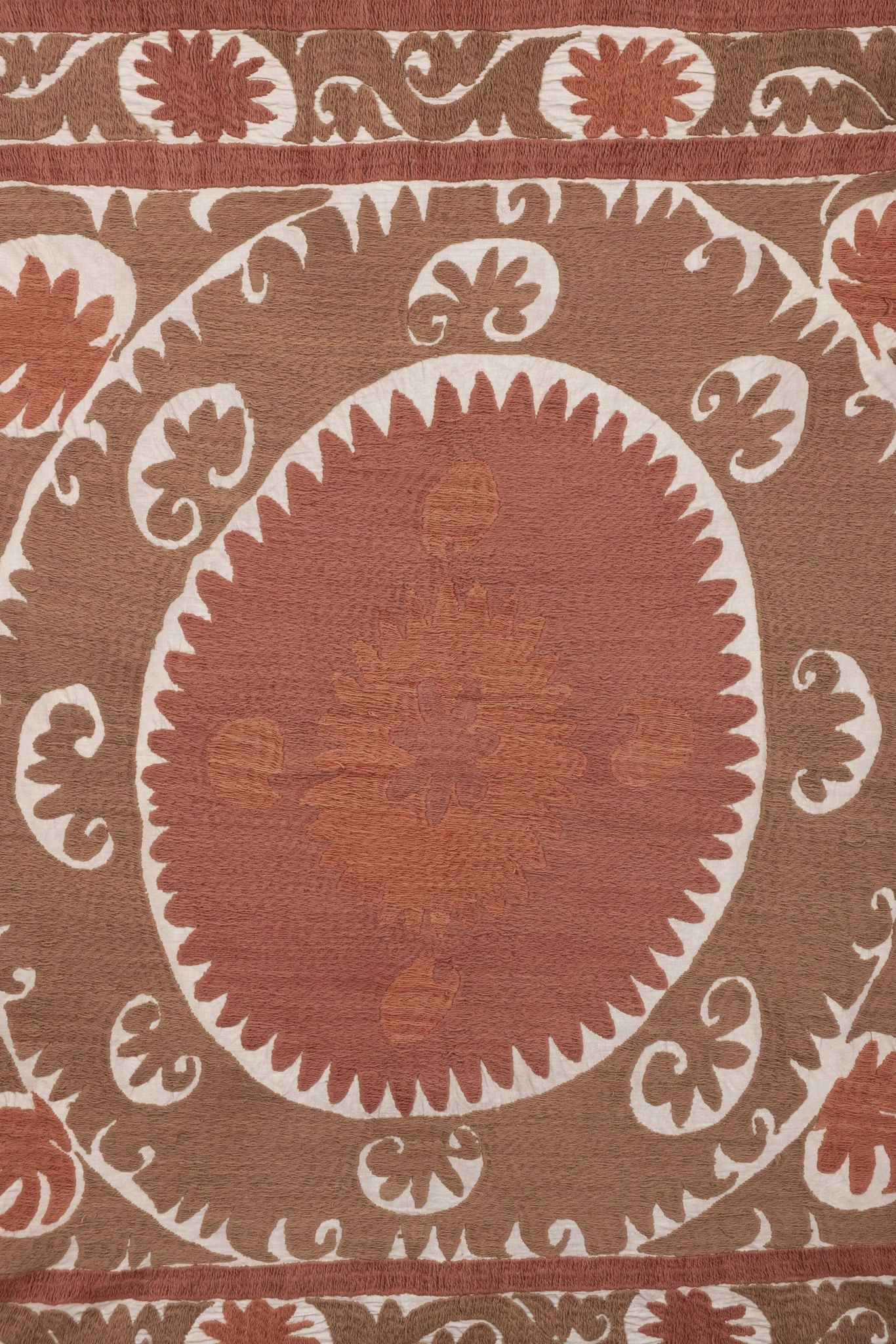 Suzani Bedspread - Neutral Red Colorful Uzbek Table Cloth - Tribal Embroidery Wall Decor