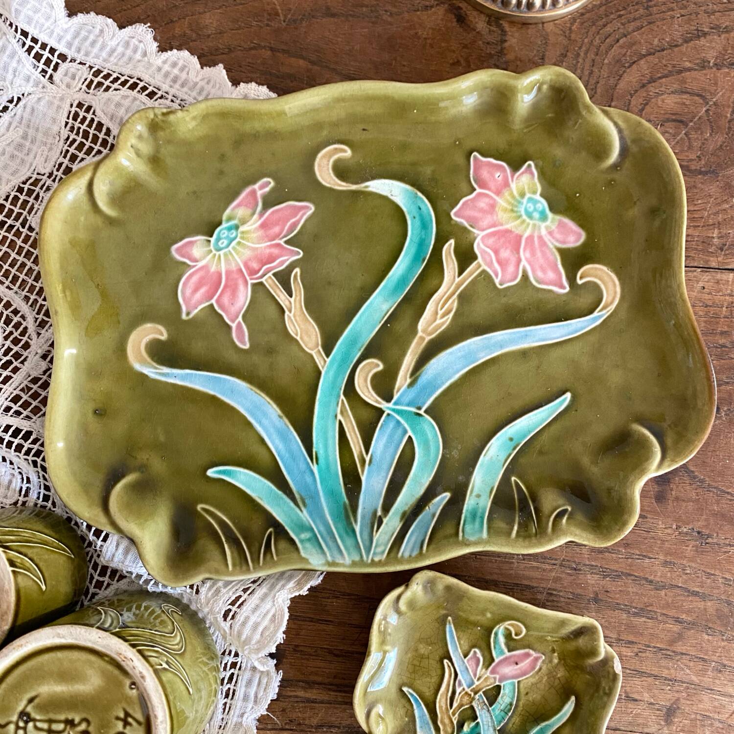 Antique Art Nouveau barbotine tobacco service