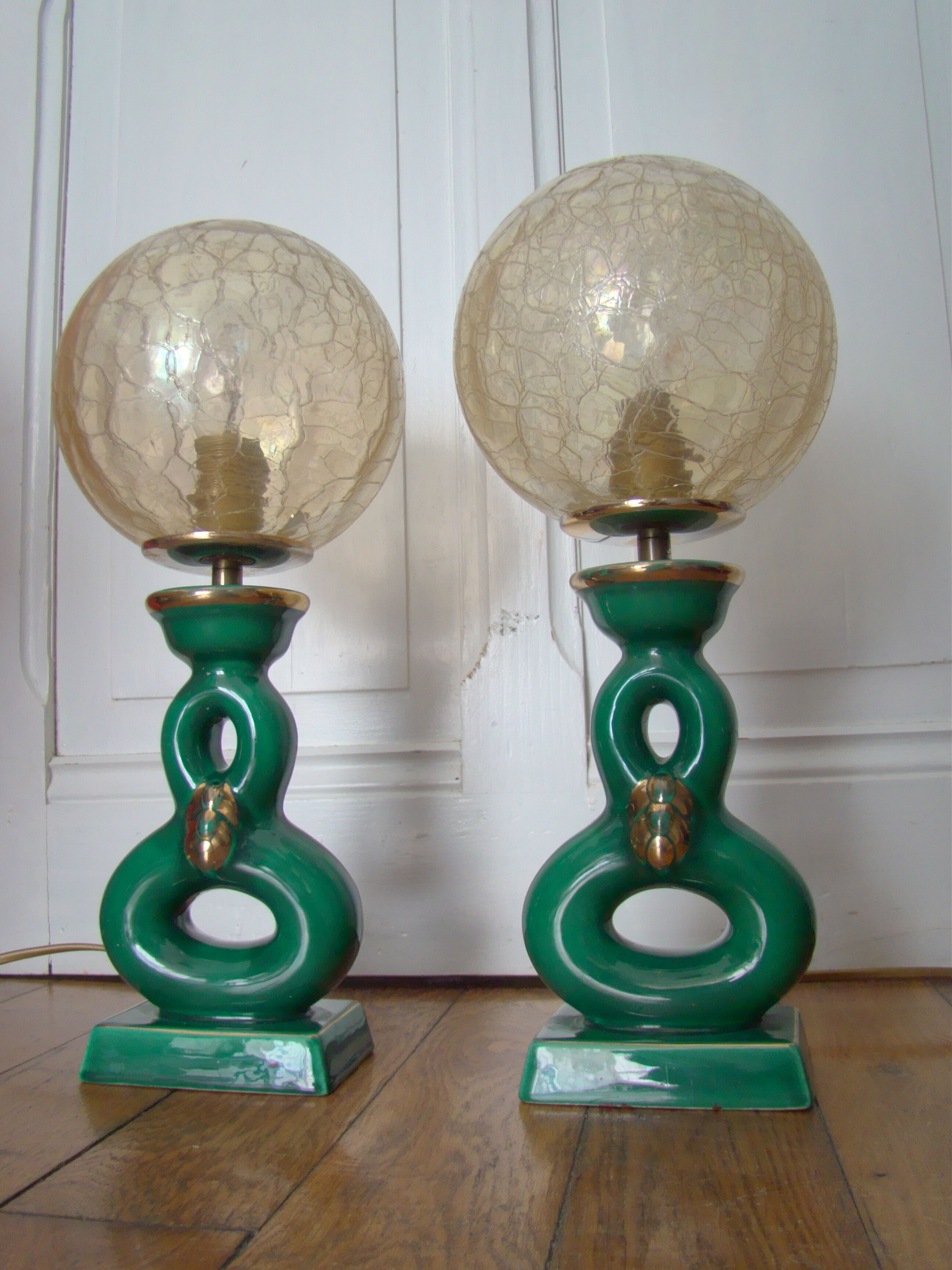Pair of vintage lamps in bordeaux art ceramic