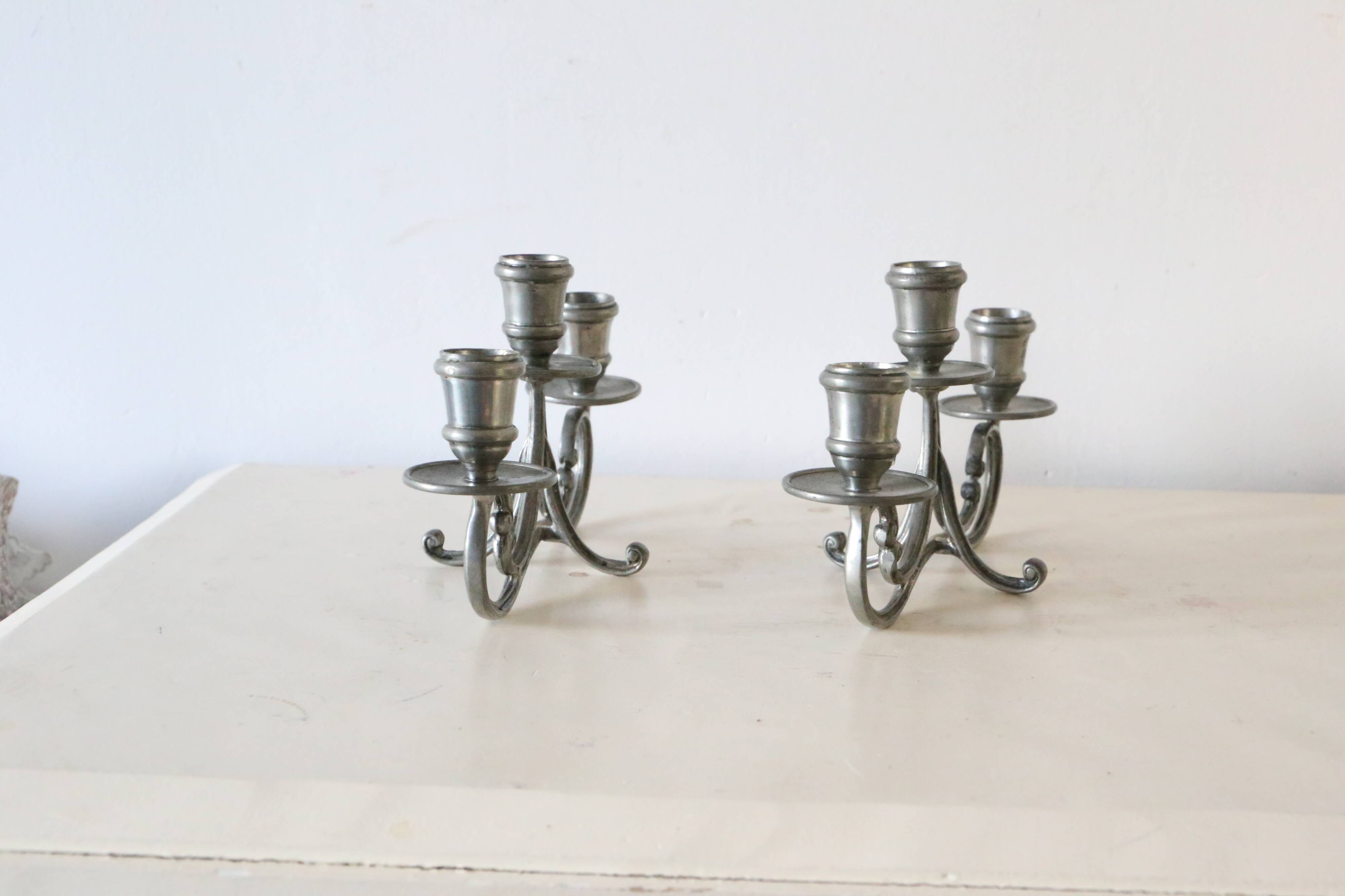 Duo of tin candlesticks, 3 lights, Gothic motifs, vintage