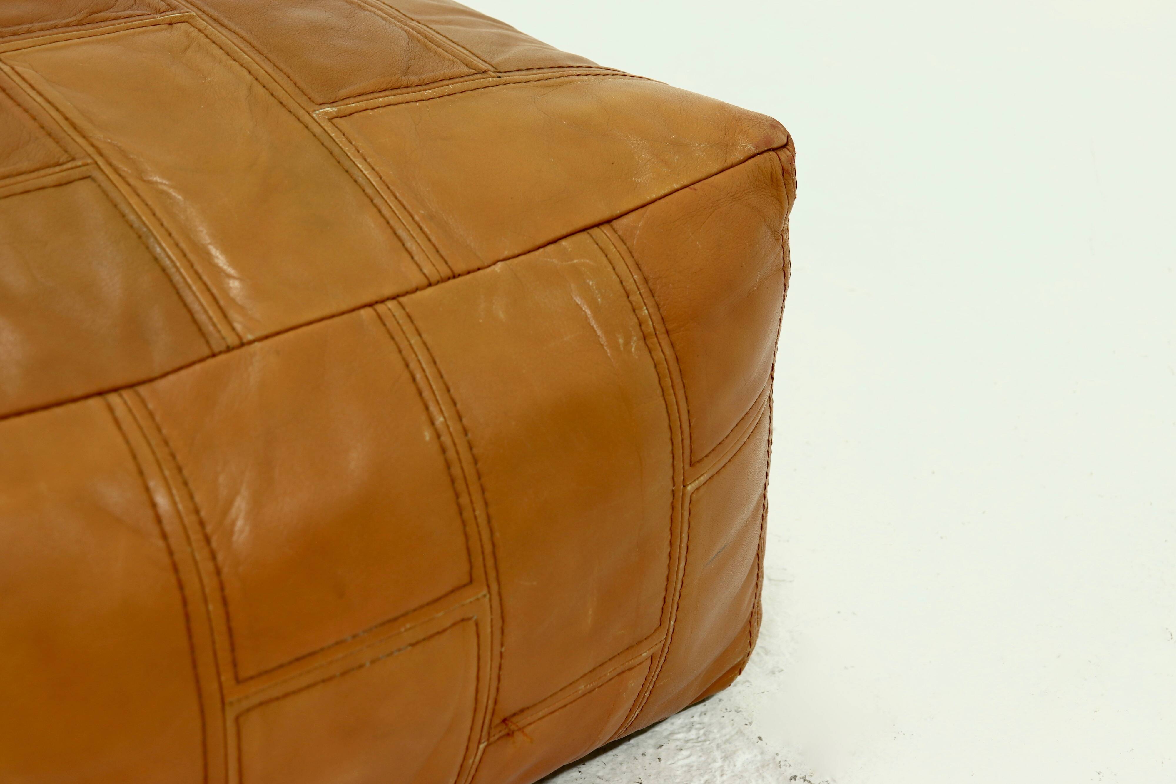 Mid-Century Patchwork Cognac Leather Pouf, 1970s