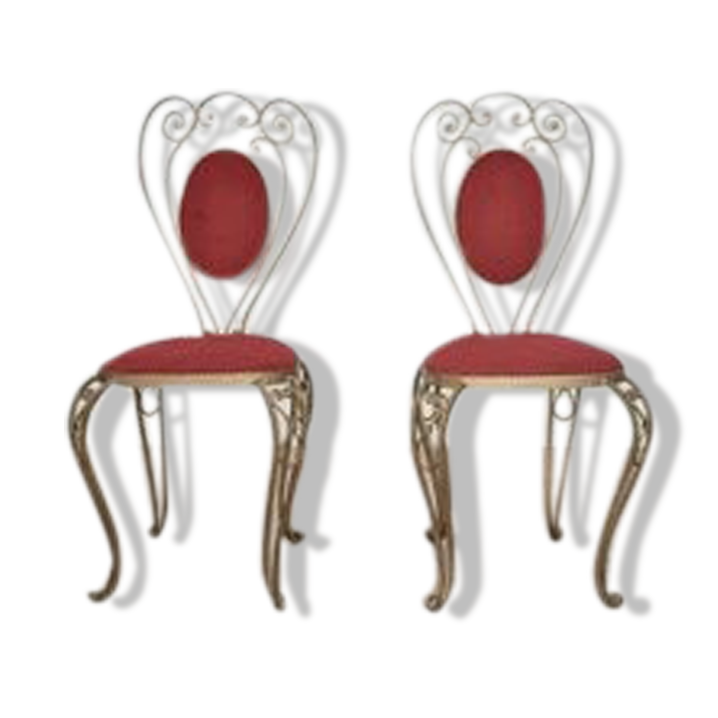 Patinated Brass, Wrought Iron, and Velvet Side Chairs, 1970s, Set of 2