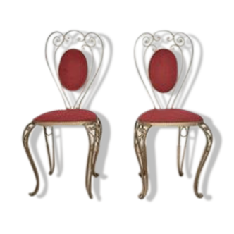 Patinated Brass, Wrought Iron, and Velvet Side Chairs, 1970s, Set of 2