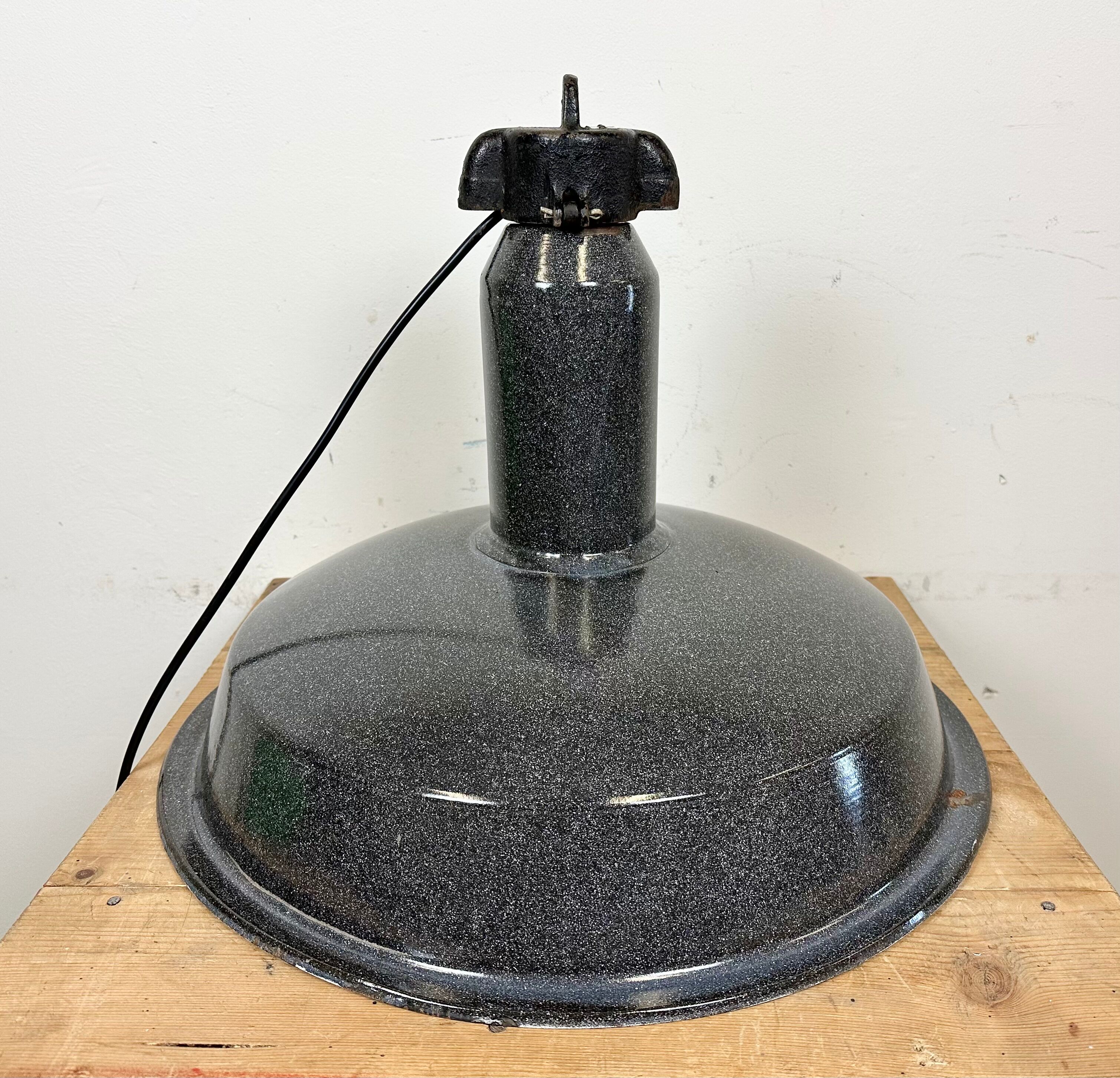 Large Industrial Grey Enamel Factory Lamp with Cast Iron Top, 1960s