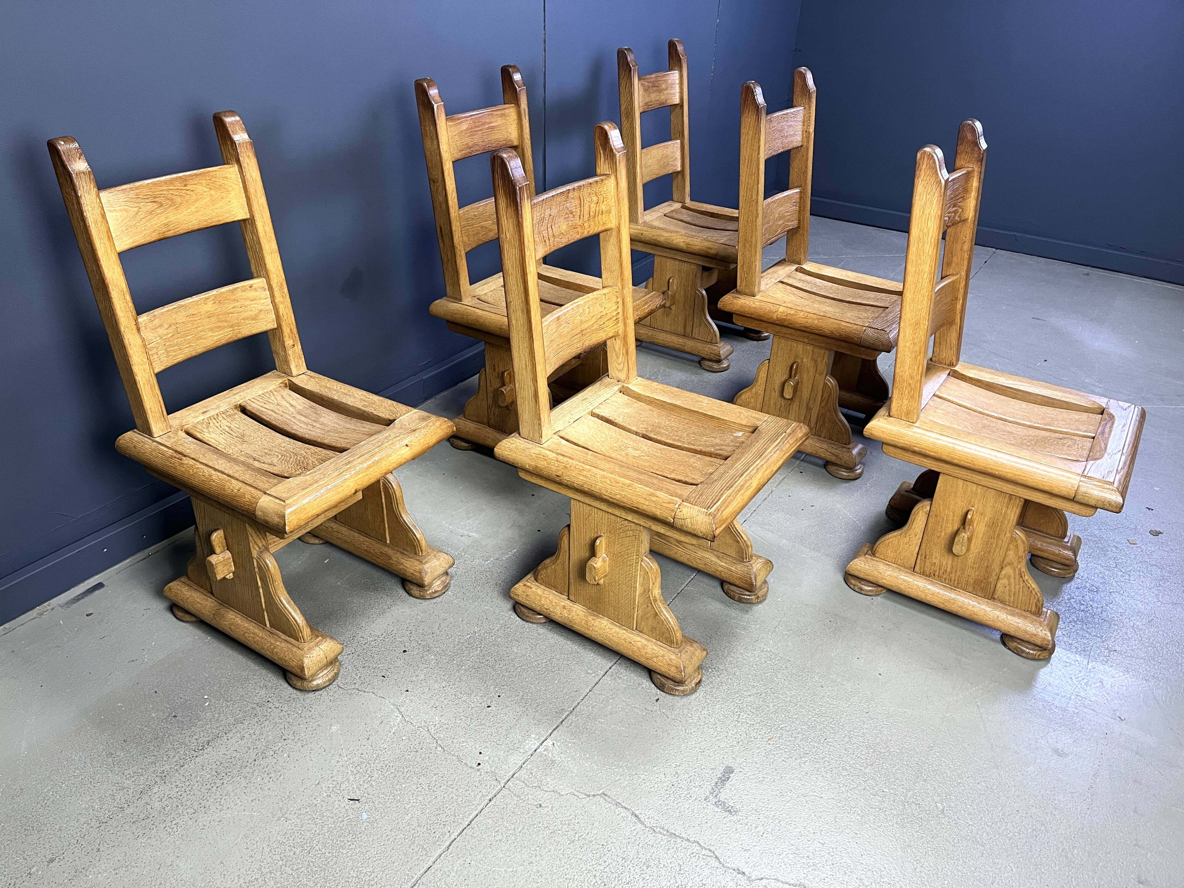 Solid oak brutalist dining chairs, 1960s