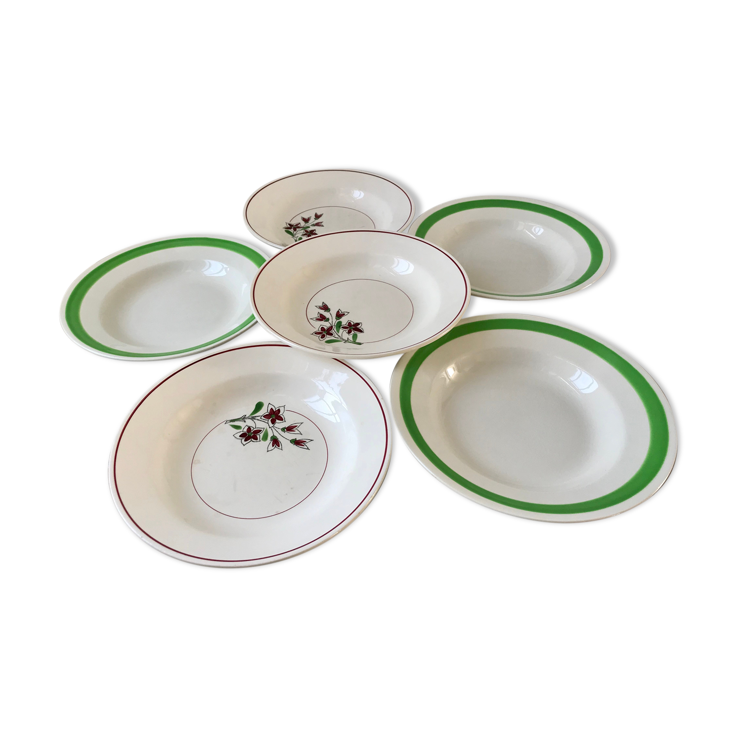 Set of 6 green and pink hollow plates Salins and Niderviller 40s