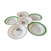 Lot de 6 assiettes creuses vertes et roses Salins et Niderviller années 40