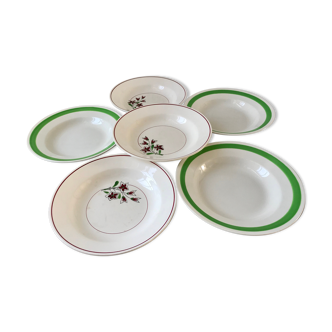 Set of 6 green and pink hollow plates Salins and Niderviller 40s