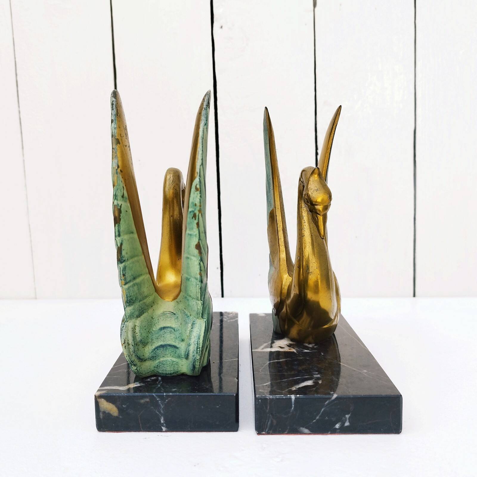 Pair of art deco golden swan bookends