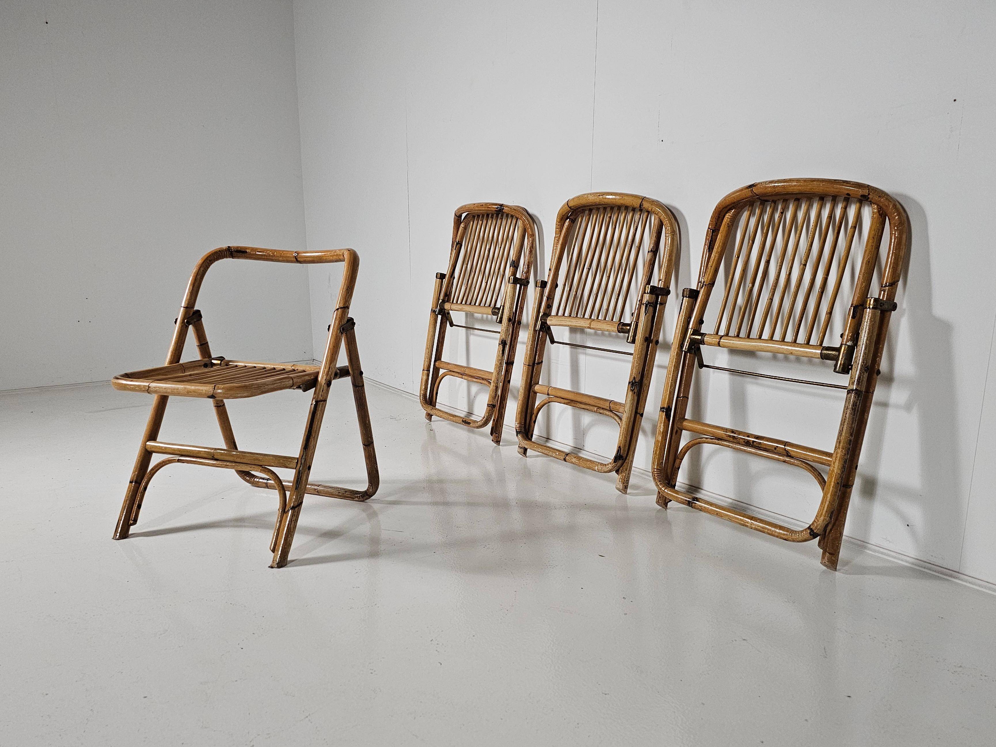 Set of 4 Dal Vera bamboo folding chairs, brass details, Italy, 1960s.