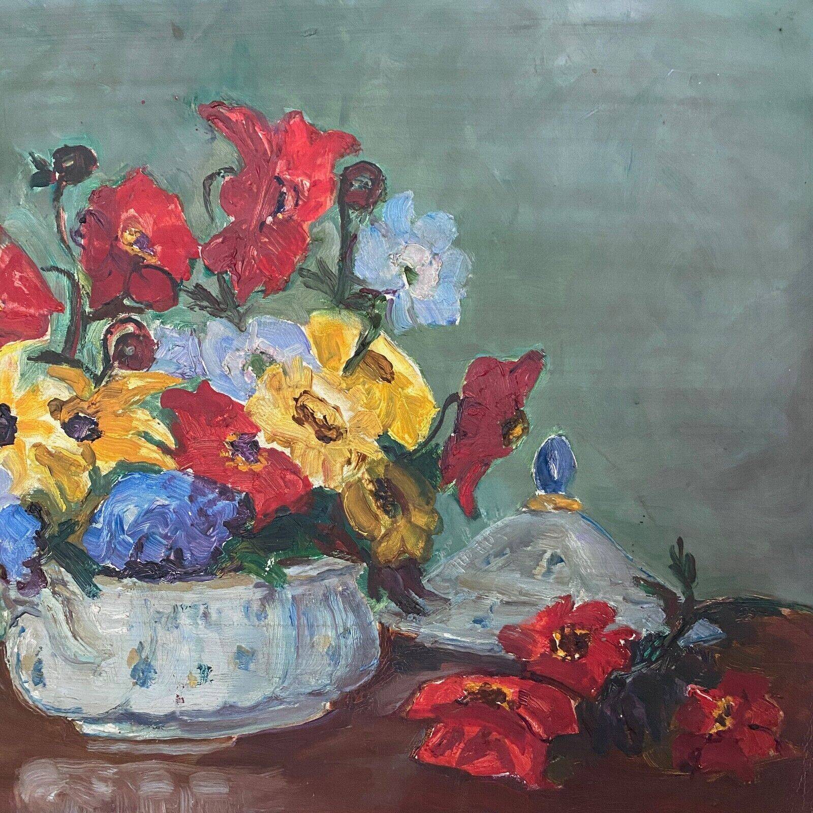 Oil on cardboard still life bouquet of flowers 20th century