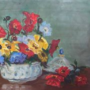 Oil on cardboard still life bouquet of flowers 20th century