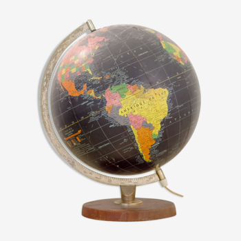 Globe terrestre noir ancien socle bois