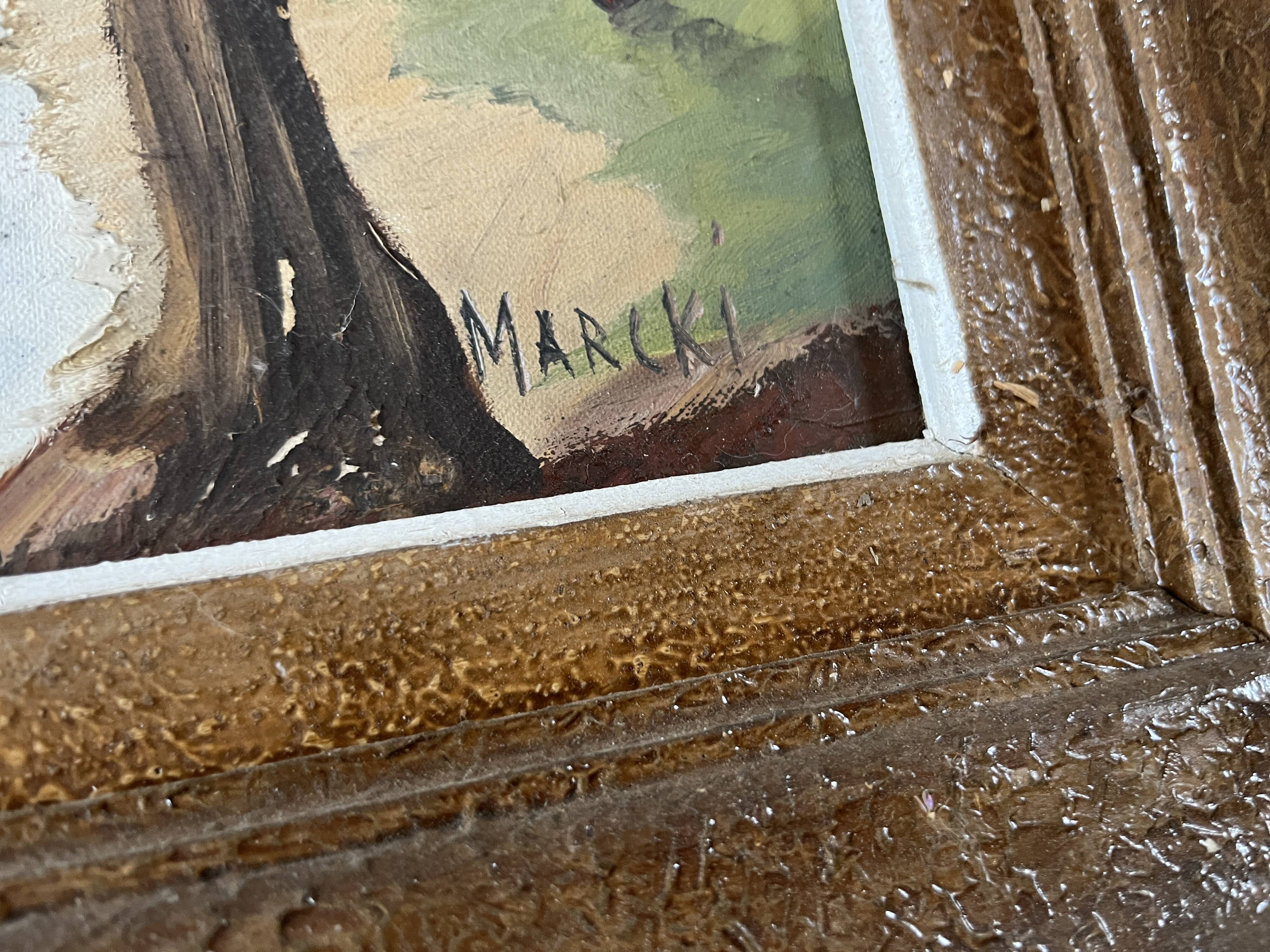 Vintage seascape painting at sunset, signed Marcki