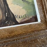 Vintage seascape painting at sunset, signed Marcki