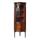 Louis XVI style corner display cabinet in mahogany and marquetry.