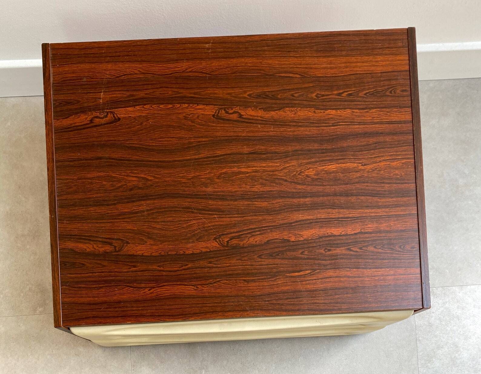 Mid Century rosewood cabinet with 2 beige plastic drawers