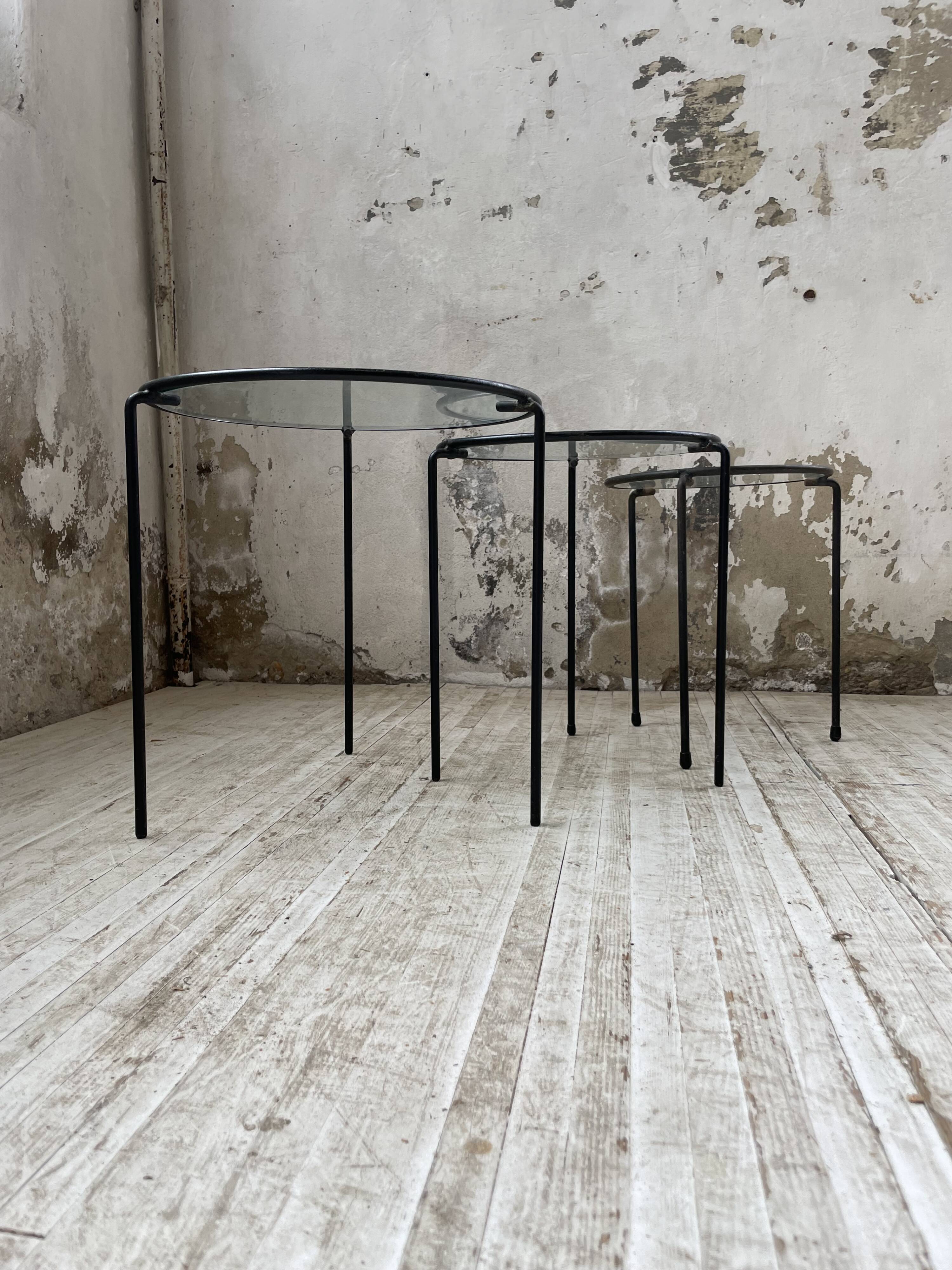 50s metal and glass nesting coffee tables
