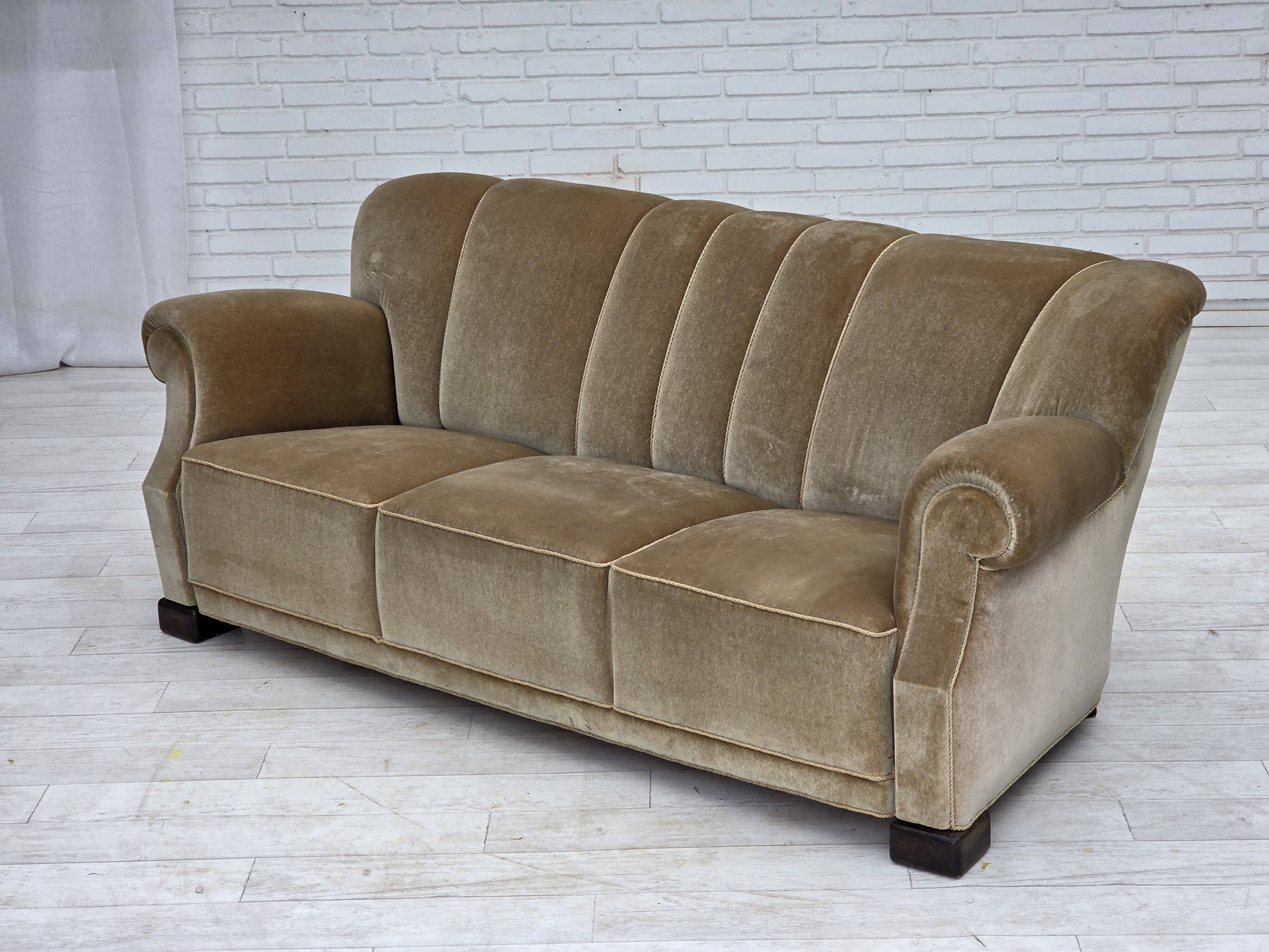 1960s, Danish 3-seater sofa, green furniture velour, oak wood legs.