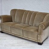 1960s, Danish 3-seater sofa, green furniture velour, oak wood legs.