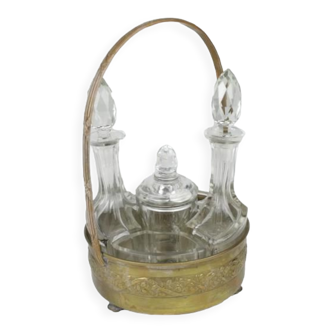 Servant with 5 art nouveau condiments in glass and brass