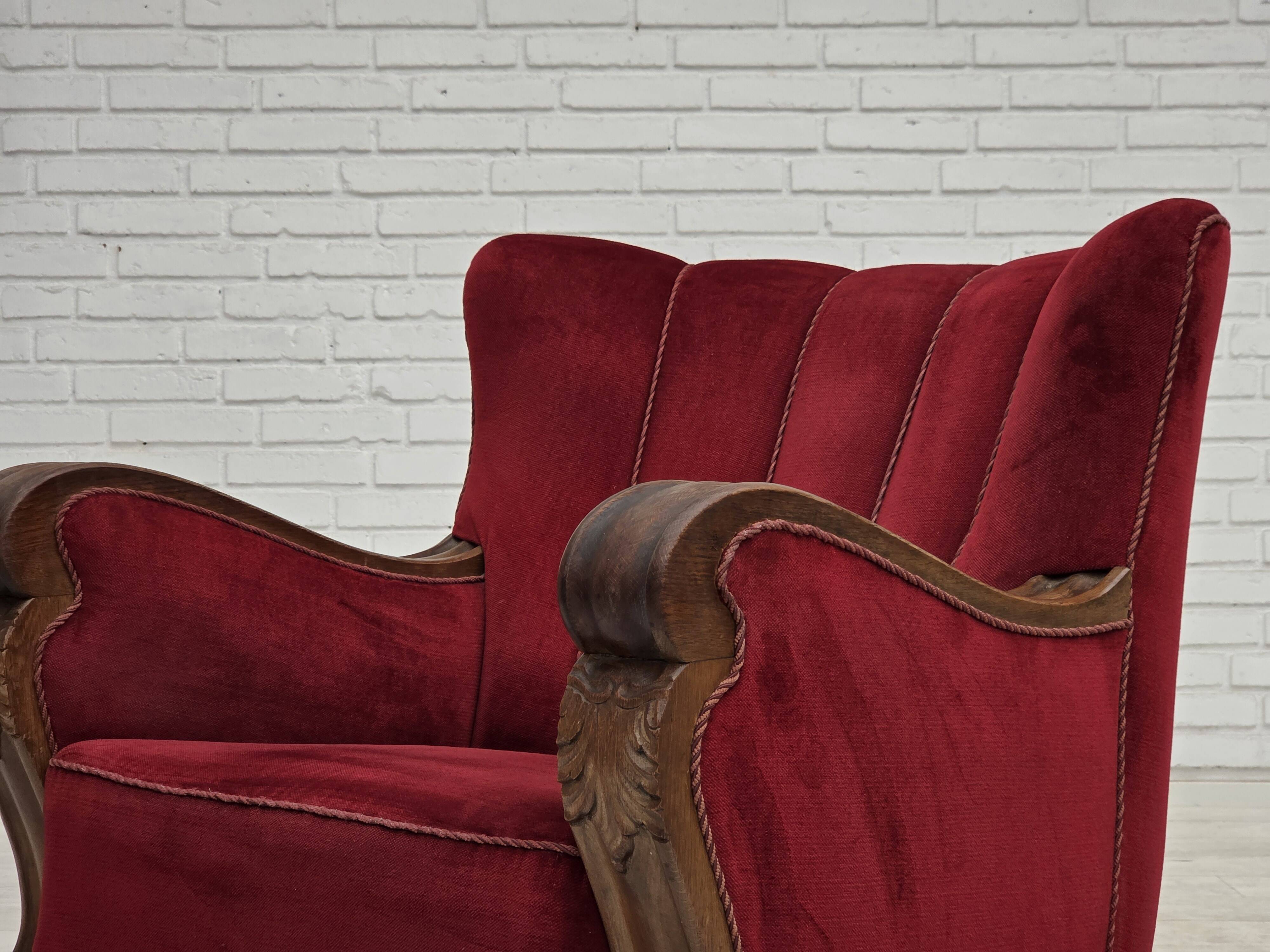 1950s, Danish relax armchair, furniture velour, carved oak wood.