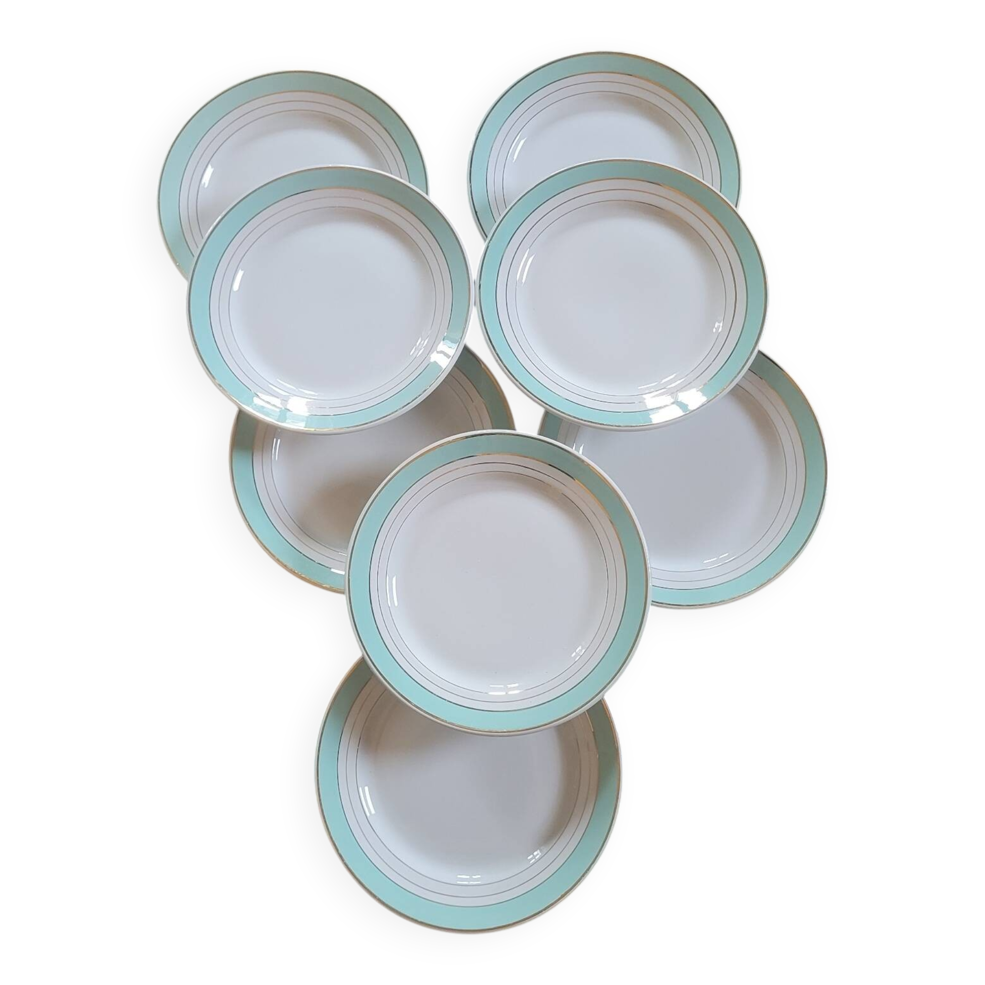 8 Lunéville Régence green water gold flat plates circa 1960