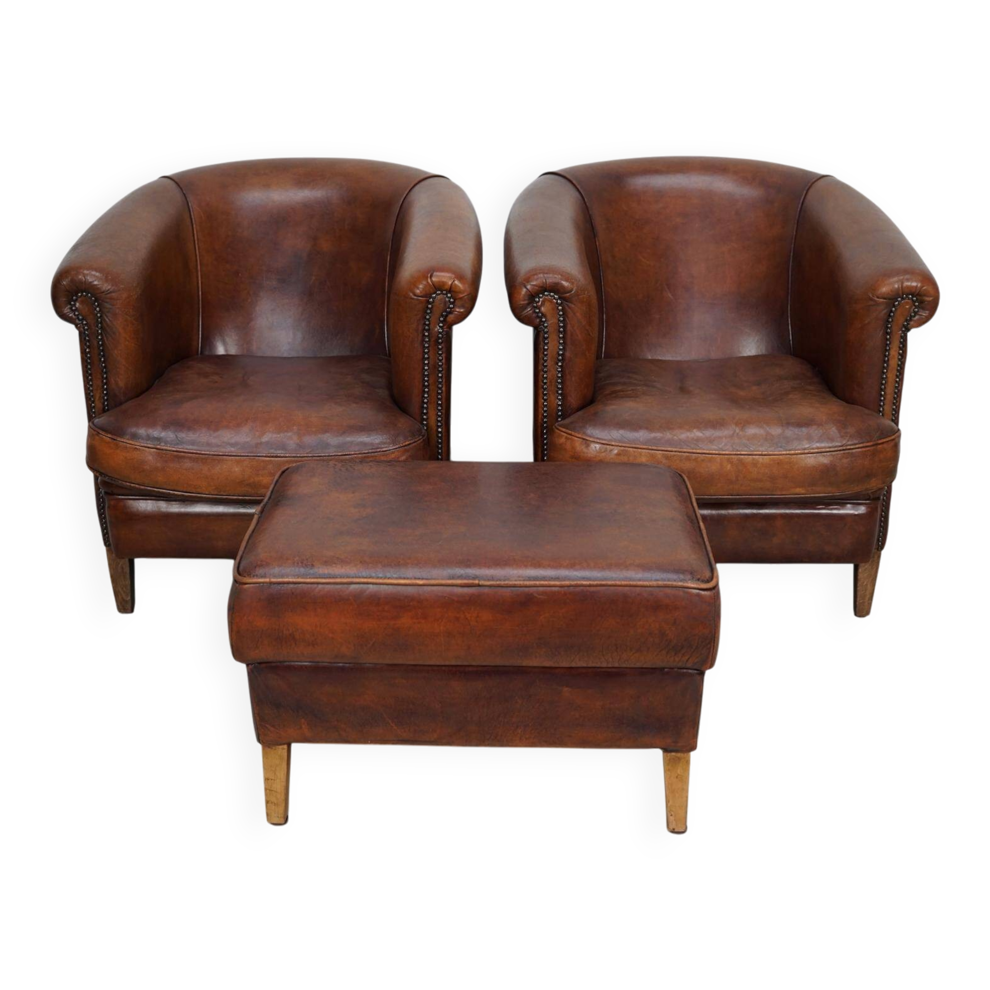 Vintage Dutch cognac coloured leather club chair, set of 2 with footstool