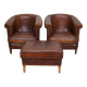 Vintage Dutch cognac coloured leather club chair, set of 2 with footstool