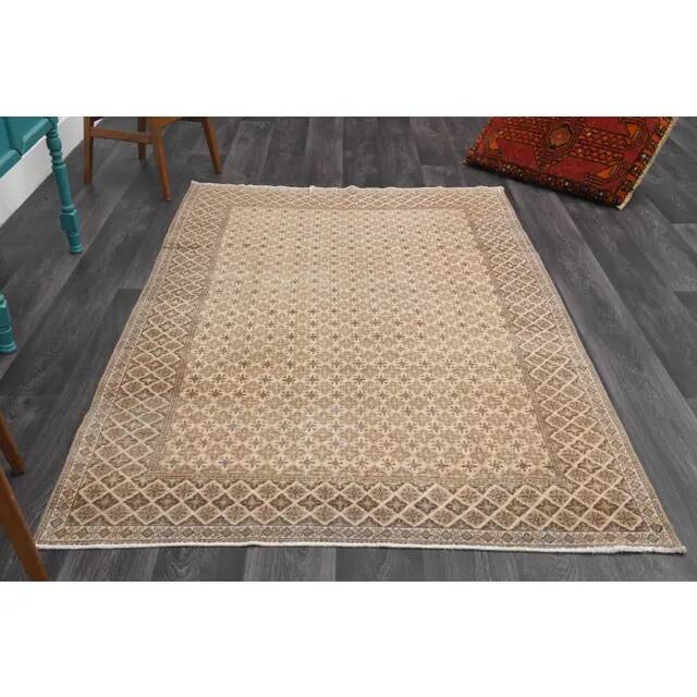 1970s Vintage Turkish Hand-Knotted Wool Cotton Beige Area Rug 149x226