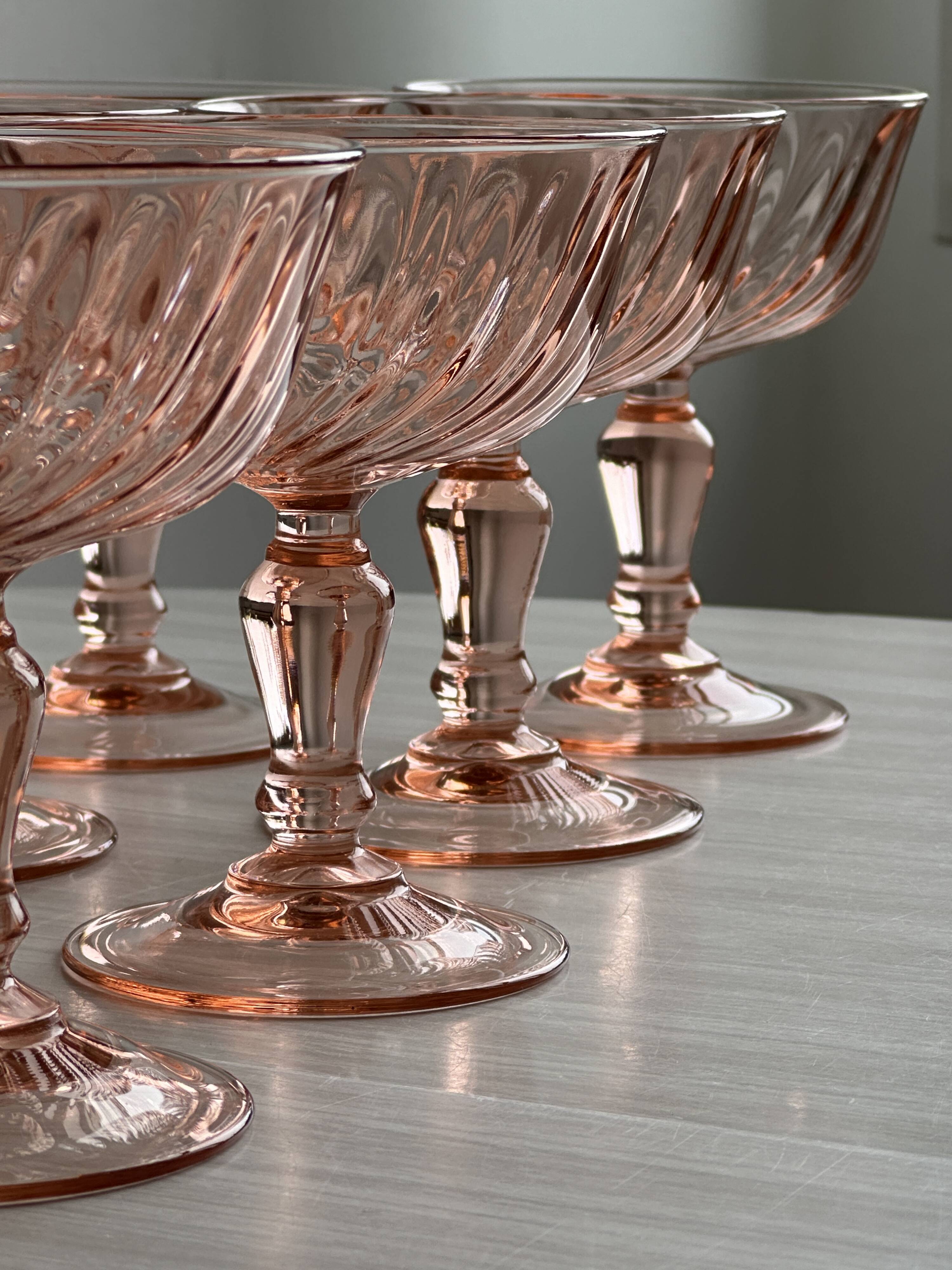 10 Vintage Twisted Pink Glass Champagne Coupes