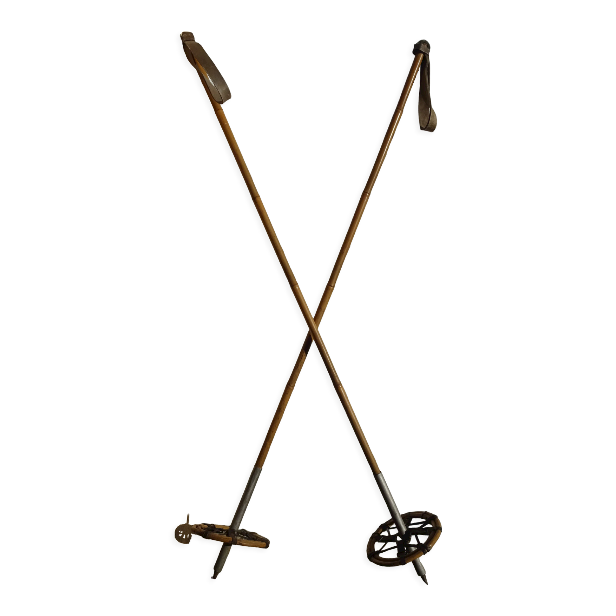 Paire de bâtons de ski ancien cuir et roseau