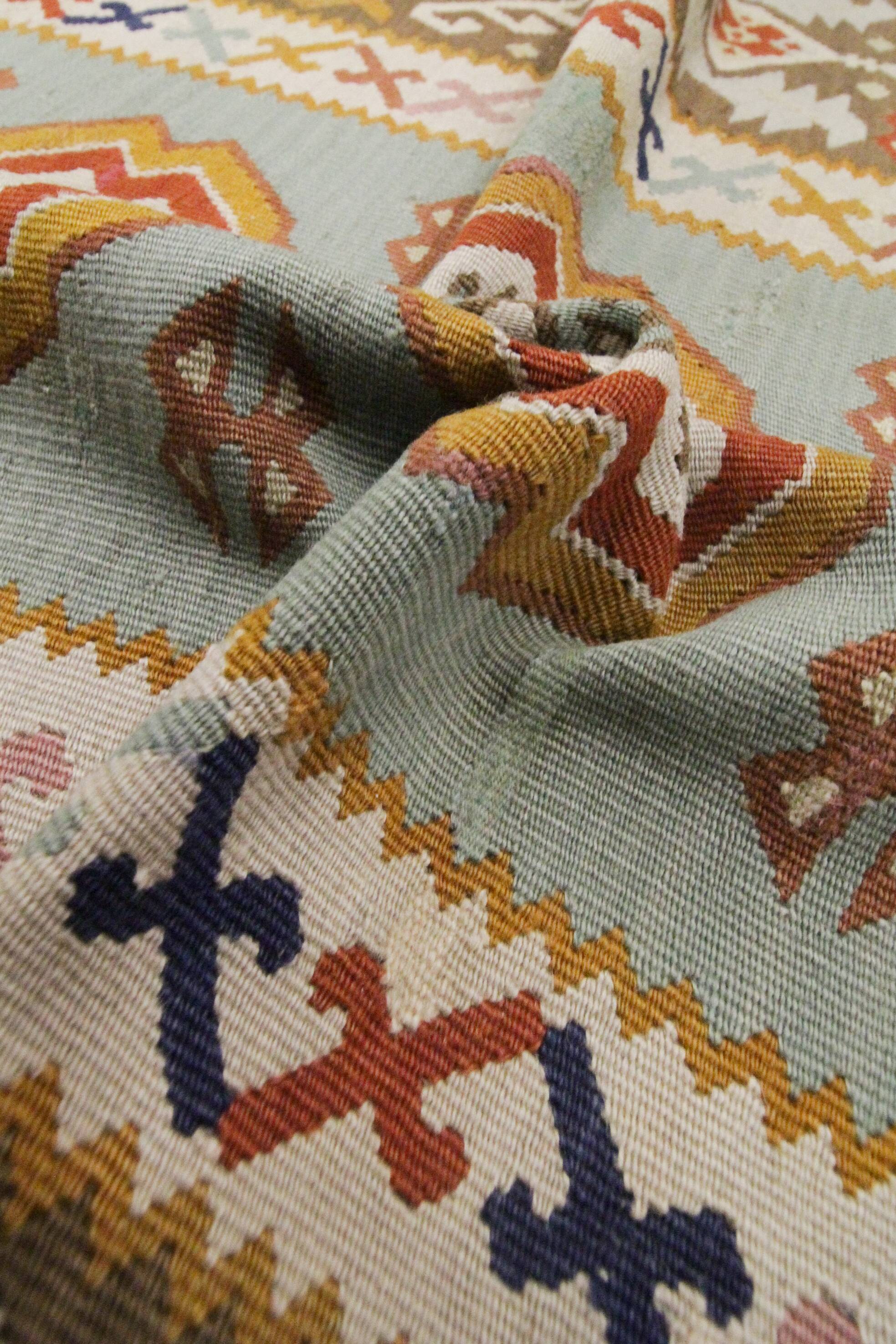 Antique Anatolian Kilim Rug, Turquoise Blue & Mustard Flatweave 141x93 cm