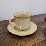 5 enameled stoneware cups and saucers