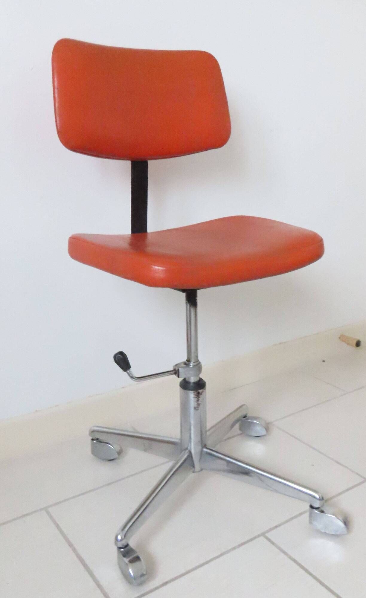 Eurosit vintage industrial workshop chair in chromed metal and orange imitation leather